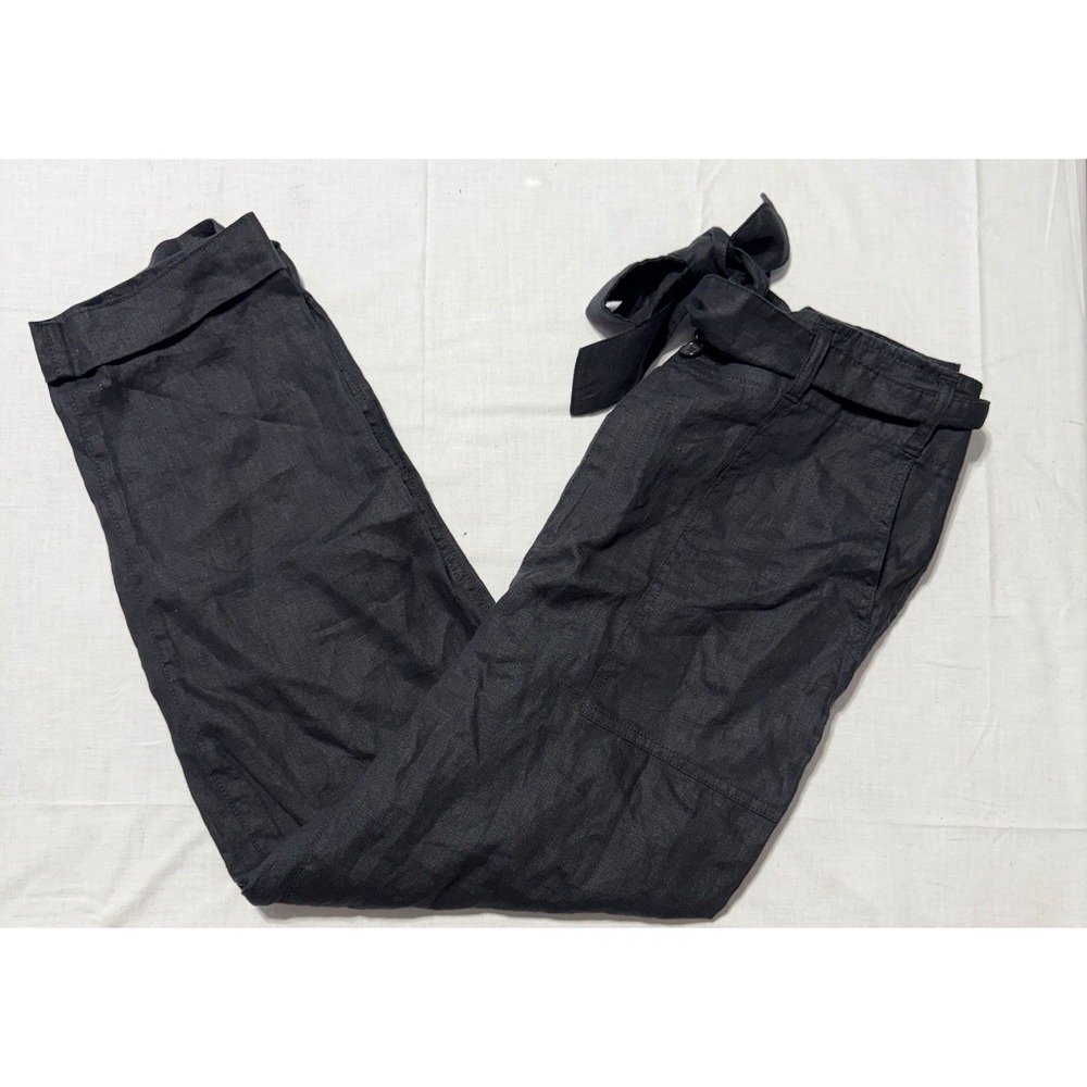 Lauren Ralph Lauren Pants Womens 10 Black 100% Linen Belted Tie Waist